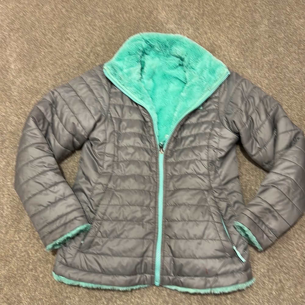 The North Face Gray/Green Reversible Girls L Puffer Fuzzy Soft Coat Kids